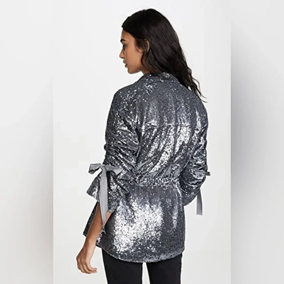 Cinq à Sept Mathieu Ribbon Detail Sequin Jacket -Shimmering Elegance in Gunmetal - Picture 6 of 10